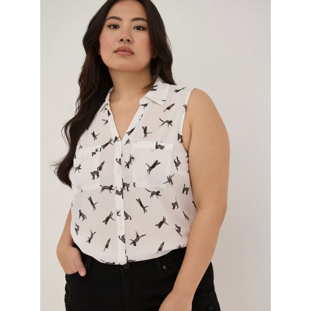 Torrid Plus Size 2X Cat Print Button Up Blouse Tank Top White Black Cats NWT